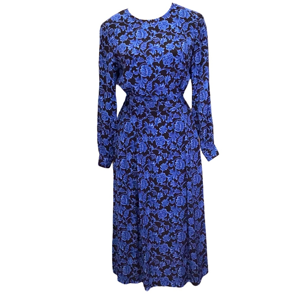 Blue Floral 2 Piece Long Sleeve Tea Dress Vintage 90s